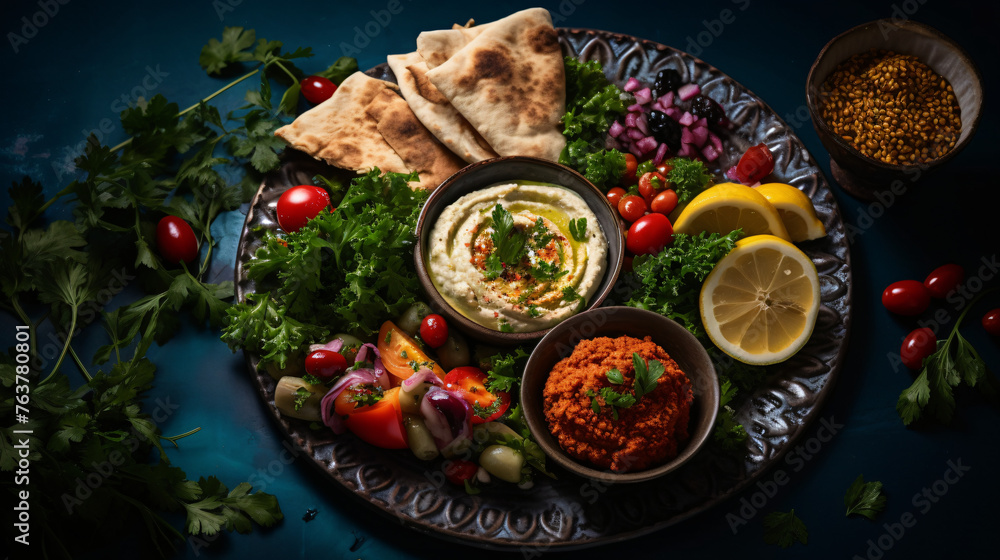 A colorful plate of Mediterranean mezze including humm