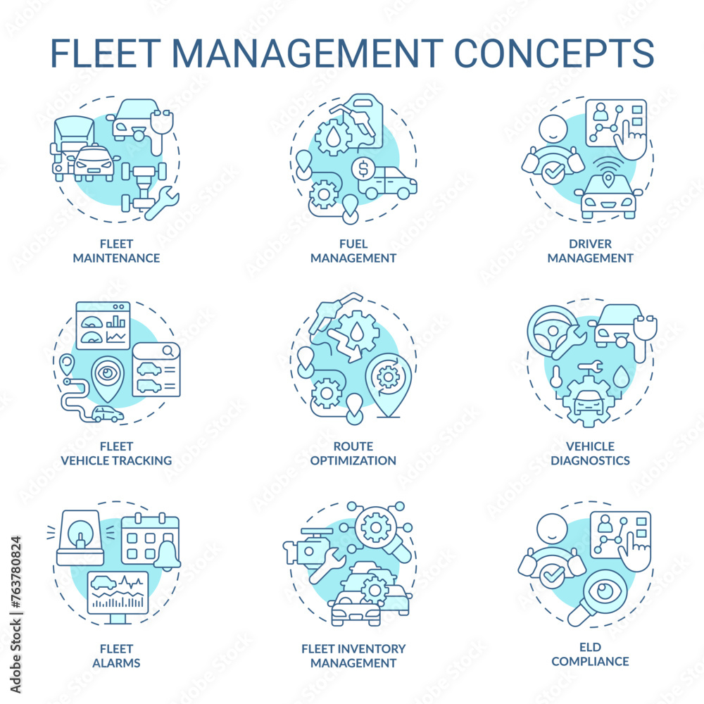 Fleet management soft blue concept icons. Vehicle maintenance. Efficiency monitoring, inventory control. Operational cost reduce. Icon pack. Vector images. Round shape illustrations. Abstract idea