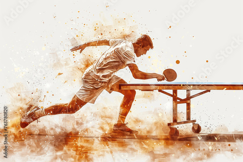 Brown watercolor painting of table tennis player in action on match