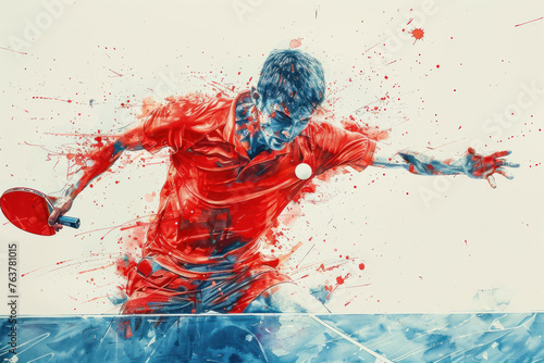 Red watercolor painting of table tennis player in action on match