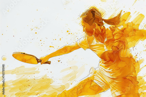 Yellow watercolor painting of table tennis player in action on match