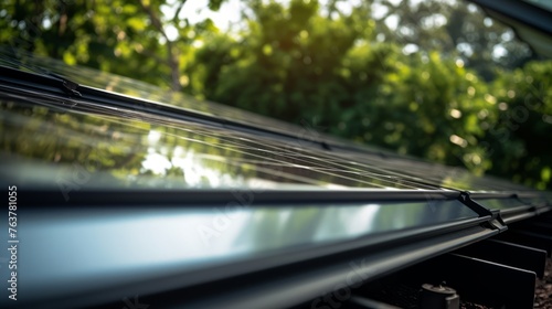 A solar panel is shown with a reflection of the trees in the background