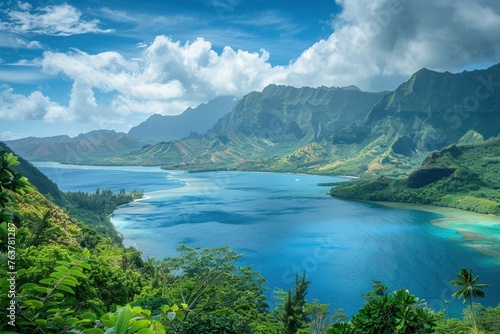 A breathtaking panoramic view of a lush tropical island landscape