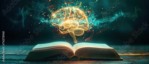 A Conceptual image of a glowing brain hovering over an open book photo