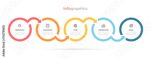 Vector business processes for infographics: Timeline circles elements with 5 steps and options.