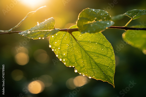 Glowing Dawn Light Pierces Through a Vibrant Green Leaf Bedecked with Dewdrops, Quietly Celebrating the Start of a New Day in Nature photo