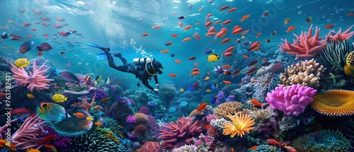 A Scuba diver amidst a stunning array of coral and fish in a lively underwater reef scene. © Creative_Bringer