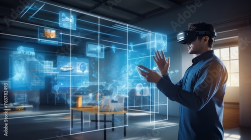 A man wearing a VR headset is pointing at a computer screen with a variety of im