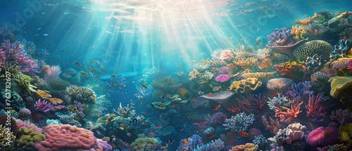 A sunlit vibrant coral reef teeming with marine life © Creative_Bringer