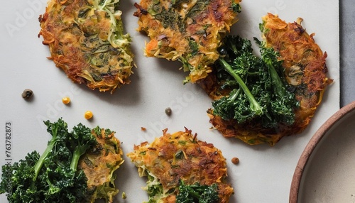 Flat lay of fried vegetable fritters with broccoli, kale, and capers