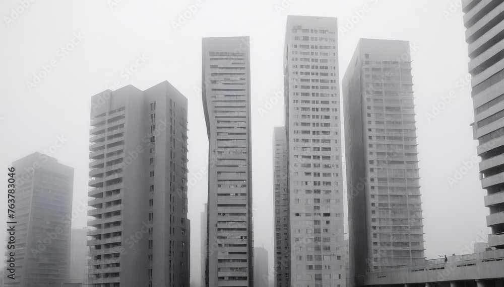 High-rise facades in various shades of gray under a white sky High-rise facades in various shades of gray under a white sky