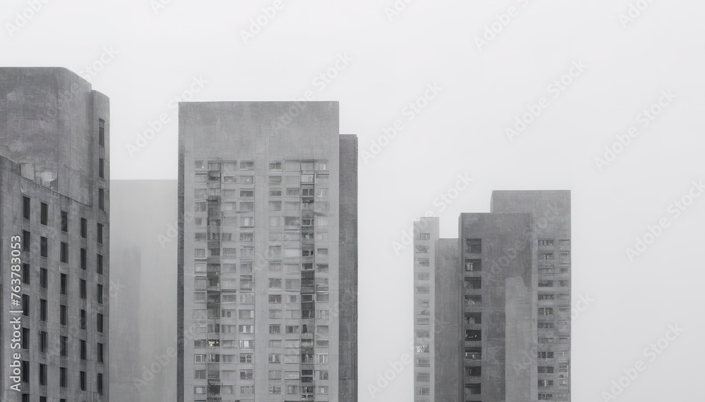 High-rise facades in various shades of gray under a white sky High-rise facades in various shades of gray under a white sky