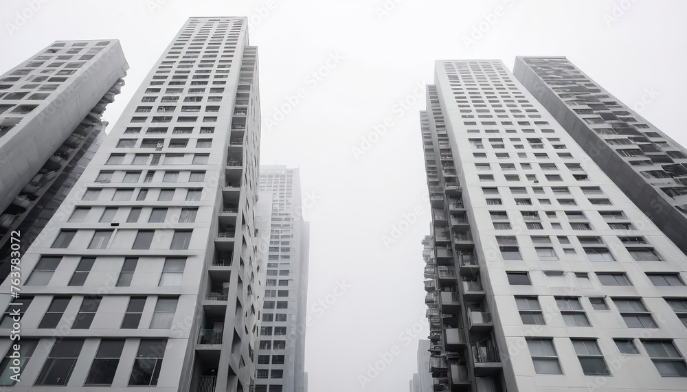 High-rise facades in various shades of gray under a white sky