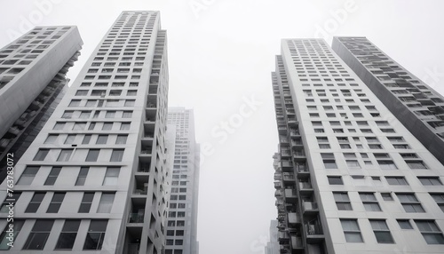 High-rise facades in various shades of gray under a white sky
