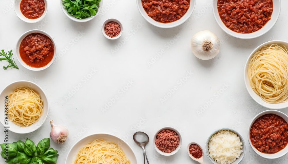 Ingredients for making spaghetti bolognese minced meat onions and tomato sauce over white texture background