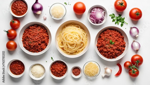 Ingredients for making spaghetti bolognese minced meat onions and tomato sauce over white texture background photo
