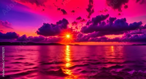 tramonto scenografico sul mare calmo, piccole onde sulla spiaggia, colori accesi viola e arancione  photo