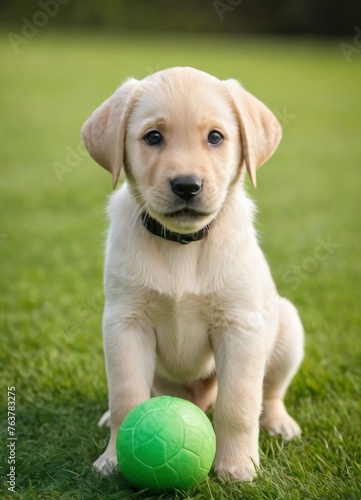 A sweet-faced Labrador puppy sits attentively with a green ball, its soft fur and innocent eyes captivating. The pup AI generation AI generation © Anastasiia