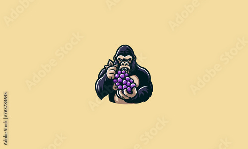 head gorilla eat grape vector mascot design