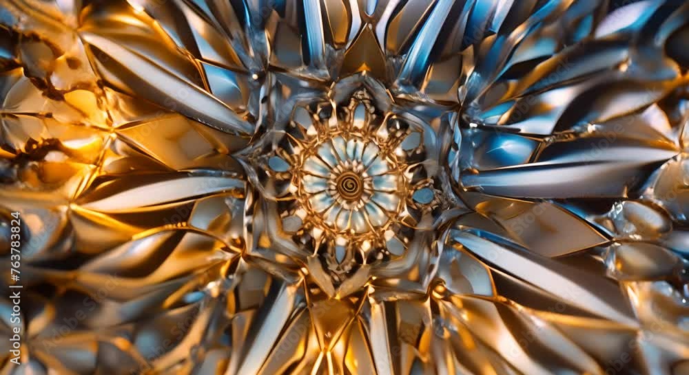cuore di un fiore di metallo oro e argento che ruota tipo caleidoscopio, mandala o caleidoscopio d'oro e argento cuore di un fiore di metallo oro e argento che ruota tipo caleidoscopio, mandala o caleidoscopio d'oro e argento