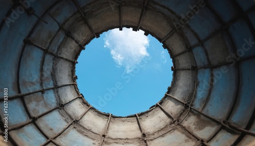View from the bottom of a deep well on the blue sky above
