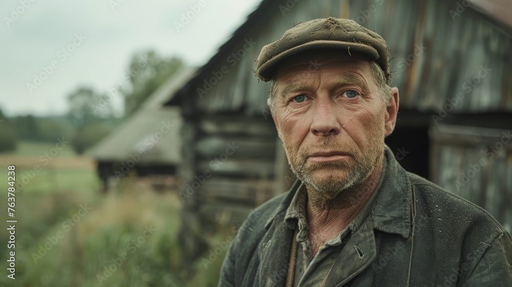 wide angle portrait of a poor old german farmer in front of a barn