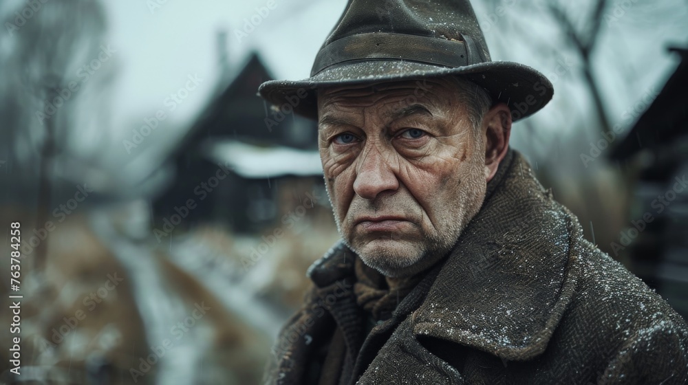 wide angle portrait of a poor old german farmer in front of a barn