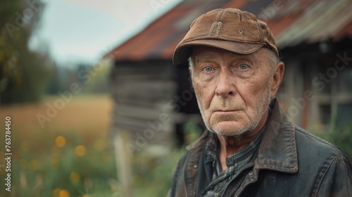 wide angle portrait of a poor old german farmer in front of a barn