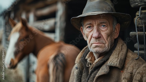 wide angle portrait of a poor old german farmer in front of a barn