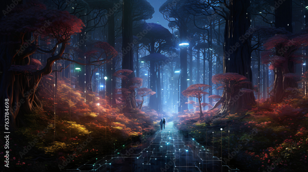 A cybernetic forest with glowing trees 