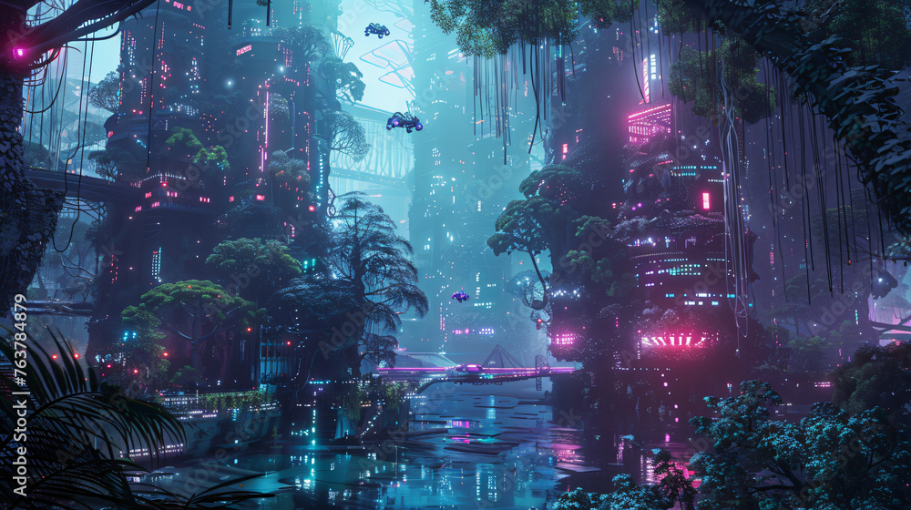 A cybernetic jungle where nature and technology