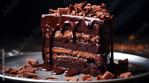 A decadent chocolate cake with layers of rich ganache
