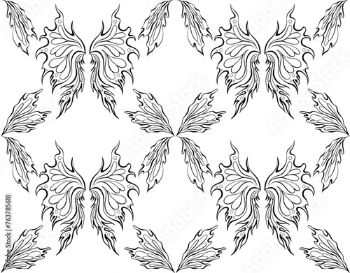 Vector monochrome pattern with tracery fairy wings. Texture with black contour fairy wings on a white background. Entomology surface design.