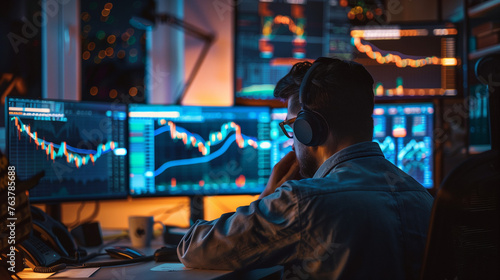 Financial analyst concentrating on multiple monitors with stock market data at night.