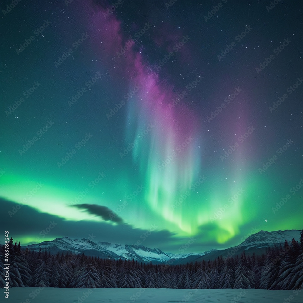 Aurora dances over snow-capped peaks. Star-spangled night welcomes the Northern Lights. Behold! A wondrous wintry realm, where mountains don majestic cloaks of snow.