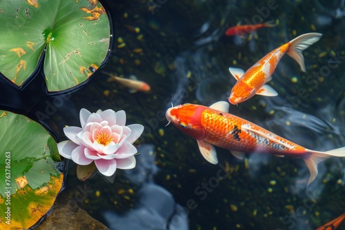 Koi Fish Swimming in a Pond with Lilies. Generative AI