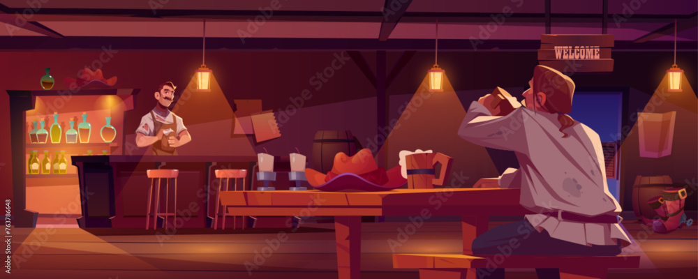 Naklejka premium Old western saloon interior and man on wood table. Country tavern game illustration and welcome barman on wild west. Vintage lamp light and peasant character with beer on desk in pub illustration.