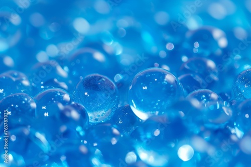 Macro of blue gel balls. Watery polymer hydrogel background. Generative AI