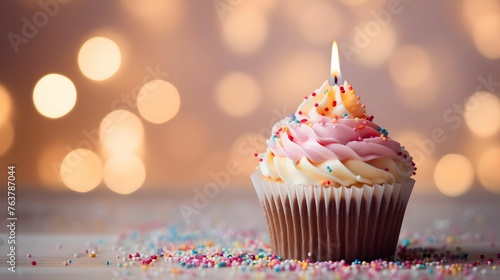 Cupcake with candle, Dessert concept, shimmer system background