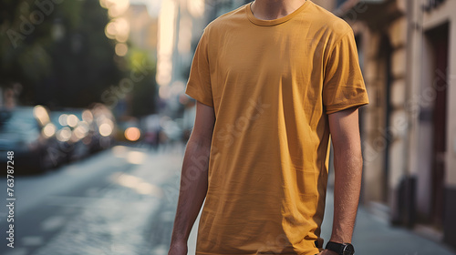 mockup featuring a stylish man wearing a vibrant yellow t-shirt, strolling confidently along a dynamic city street, emanating urban chic and modern flair amidst the lively cityscape , no face