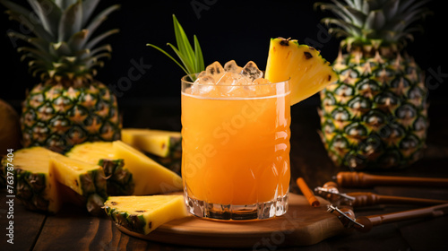 A fruity rum punch with slices of pineapple and orange