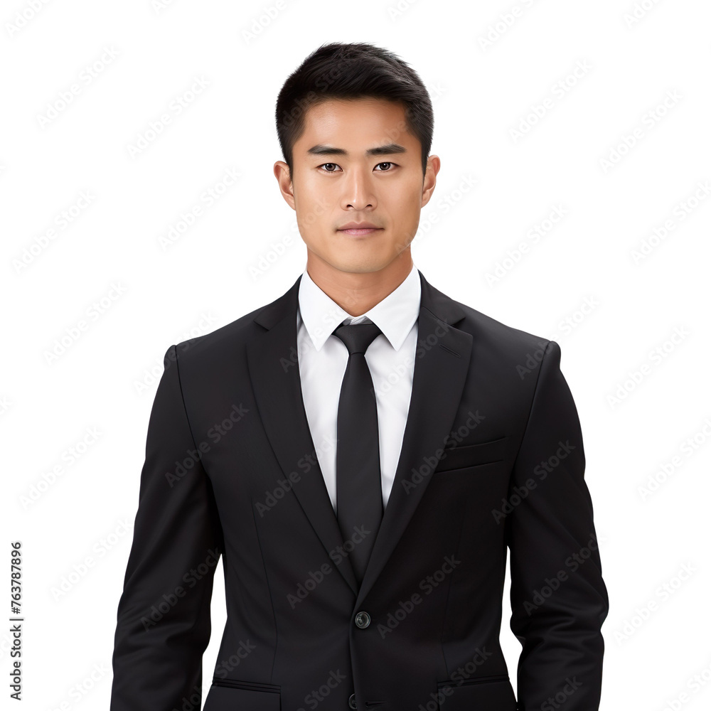 front view mid body shot of a handsome Asian man dressed in a classic black suit with a crisp white dress shirt and a black silk tie, smiling on a white transparent background front view mid body shot of a handsome Asian man dressed in a classic black suit with a crisp white dress shirt and a black silk tie, smiling on a white transparent background