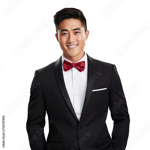 front view mid body shot of a handsome Asian man dressed in a black tuxedo with a crisp white bowtie and a red bow tie ,smiling on a white transparent background
