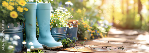 Gardening background with flowerpots, pastel blue boots in sunny spring or summer garden photo