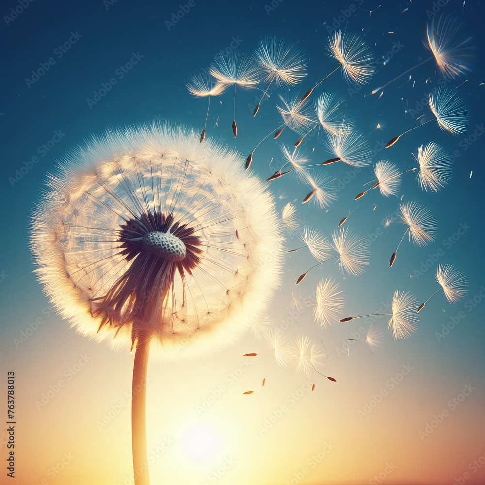 Naklejka premium As the sun sets, a dandelion's silhouette is framed by the warm glow of dusk. Seeds take flight into the fading light, symbolizing the end of a day. AI generation