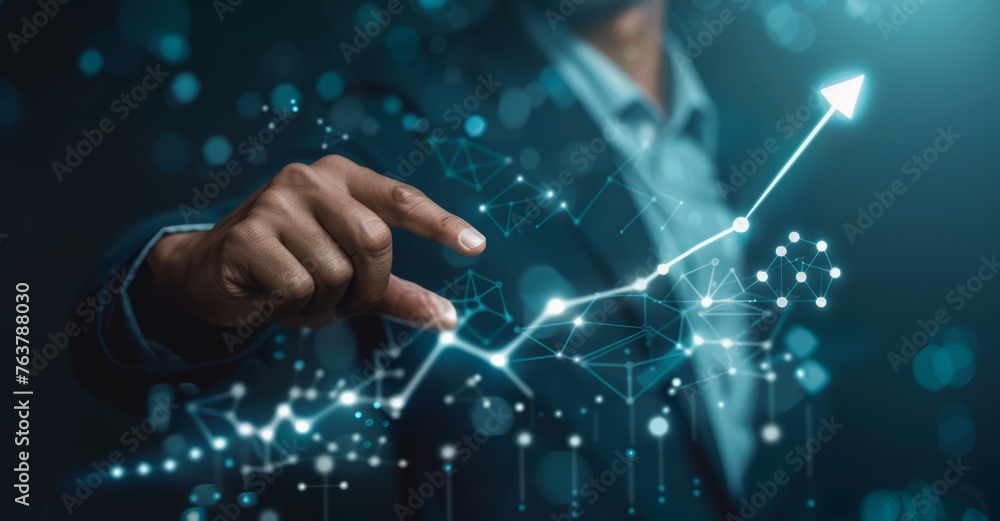 Businessman touching growing graph line with finger on virtual screen, in the style of business growth concept, white arrow pointing up and upward, dark blue background Businessman touching growing graph line with finger on virtual screen, in the style of business growth concept, white arrow pointing up and upward, dark blue background