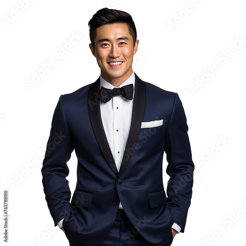 front view mid body shot of a handsome Asian man dressed in a  midnight blue velvet tuxedo with a black silk bowtie and a white pocket square smiling on a white transparent background