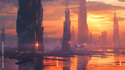 A futuristic cityscape at sunset with the sky ablaze