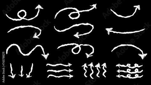 Set of white hand drawn style with crayon brush pointer animation transparent background. Variety of doodle animated arrow. Popping charcoal arrows footage video. Freehand different sketch curved arro