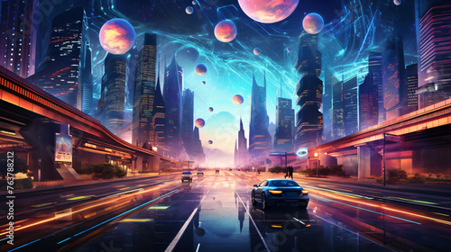 A futuristic cityscape with holographic displays and f